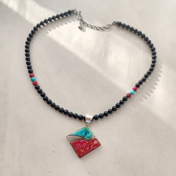 Jay King DTR Necklace Sterling Silver Inlay Turquoise Pendant Black Onyx Beaded - Picture 3 of 9